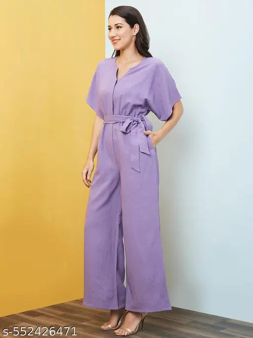 Globus Women Lavender Solid V-Neck Drop Shoulder Waist Tie-Up Jumpsuit
