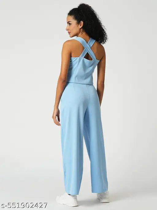 Globus Women Blue  Neck Cross Straps Back Designed Crop Top With Wide-Leg Trousers Party Co-Ord Set