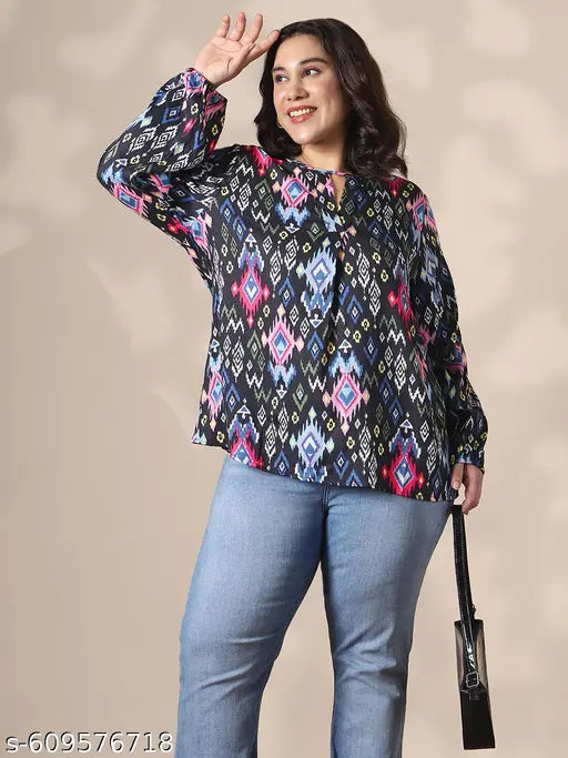 Globus Gloplus Women Multicolor Keyhole Neck Bishop Sleeves Self Design Ikat Print Plus Size Top