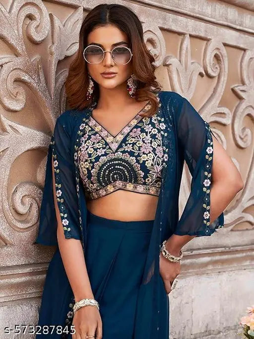 Krimaa Navy Blue Embroidered Lehenga Choli with Jacket Set