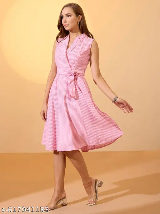Globus Women Pink Stripes Printed Notch Lapel Belted Midi Workwear Dress