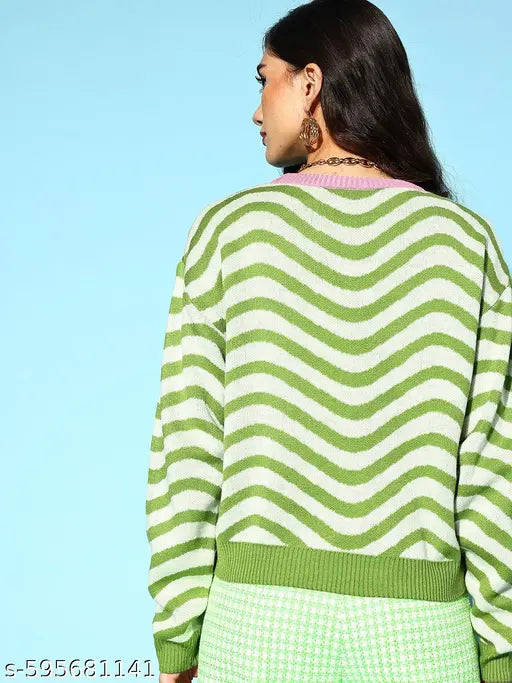 Berrylush Women Green & White Striped Pattern Round Neck Ribbed Hem Regular Pullover