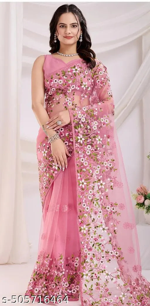 Women's Soft twill net Embroidery saree with twil net Blouse