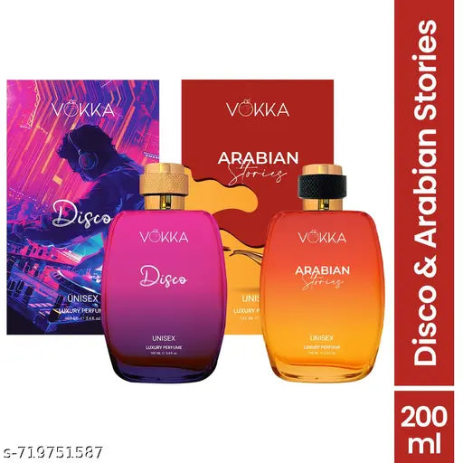 VOKKA Disco & Arabian Stories 2x100ml |  Unisex Luxury Long Lasting Perfume For Men & Women | Eau De Parfum | EDP Fragrance for Gift | Travel & Skin Friendly | Notes: Amber Leathery, Fruity Musky