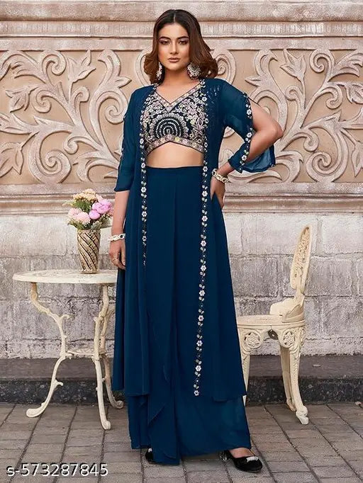 Krimaa Navy Blue Embroidered Lehenga Choli with Jacket Set