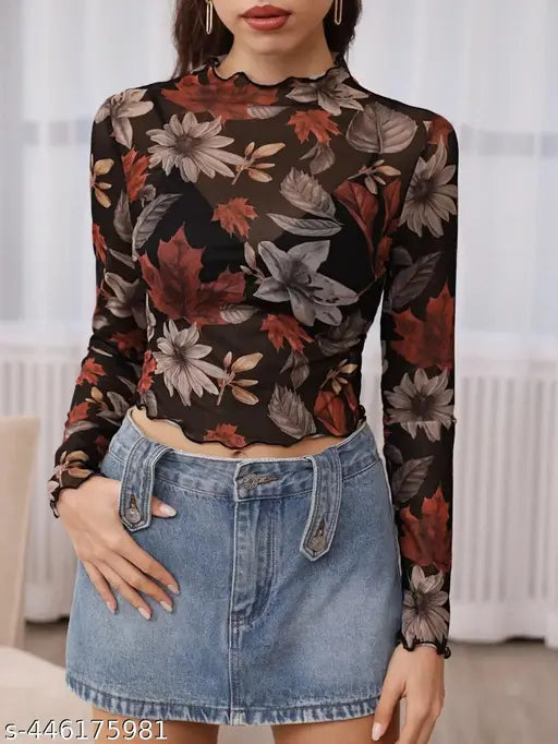 Indie Mint Fancy Sleeve And Bottom Neck Transparent Floral Top