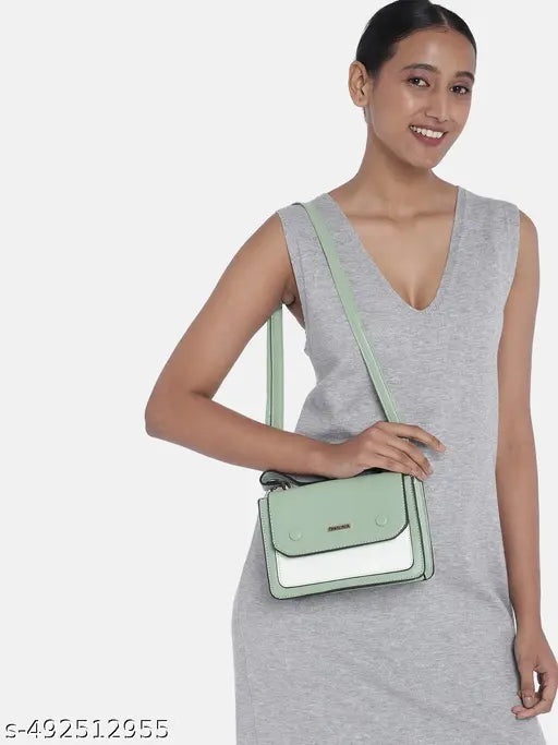 Fastrack Green & White Colourblocked Structured Satchel with Detachable Sling Strap