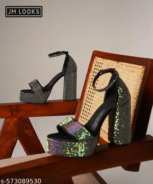 JM LOOKS Women's Chunky High Heel Sandal Embellished Rhinstone Ankle Buckle Open Round Toe Sandal Evening Party Prom - Black