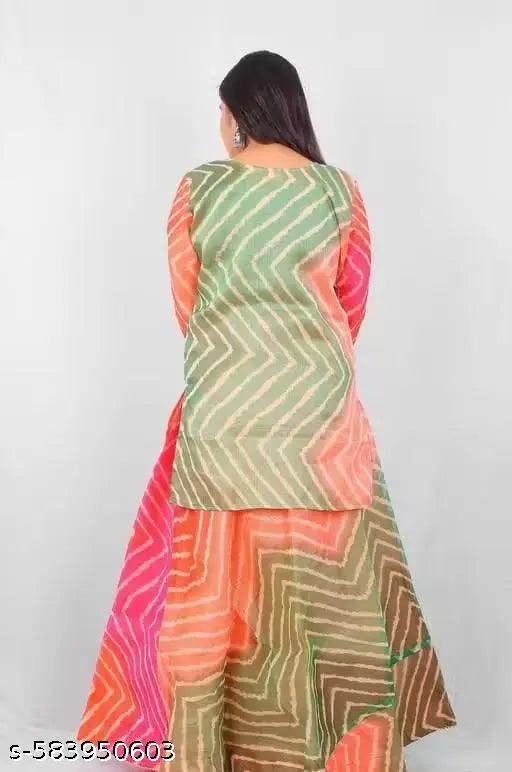 Bandhani Flared Kurta Lehanga Set in Green, Peach & Pink with Embroidered Net Dupatta