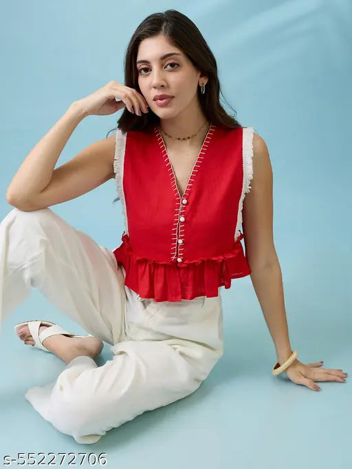 Globus Women Red V-Neck Thread Work Detail & Lace Inserts Pleated Crop Top