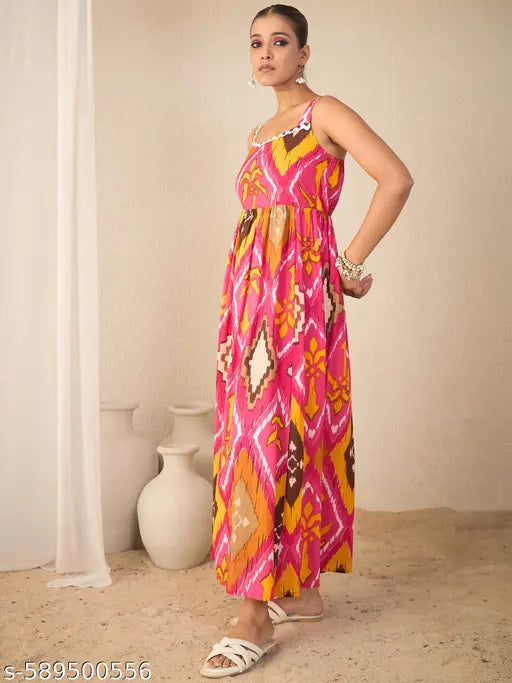 Women Pink Geometric Print Cotton Flared Strappy Dress