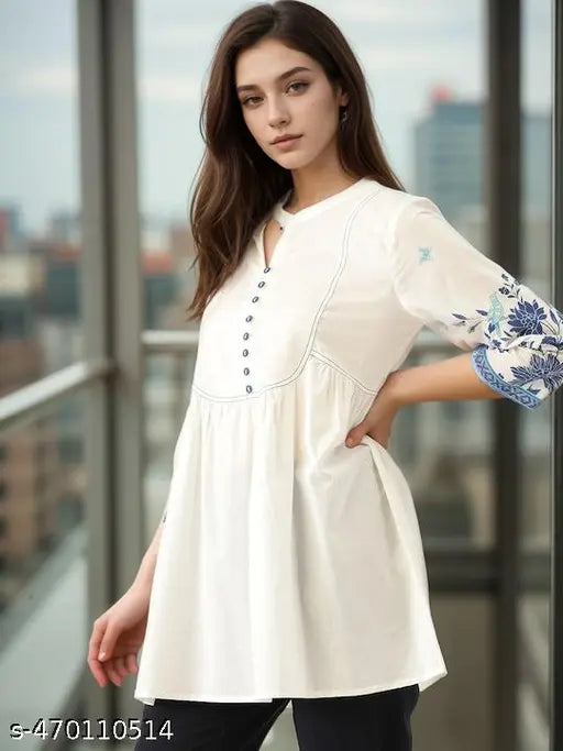Women Beautiful Tunic Top , Women Printed Top , Women White Top