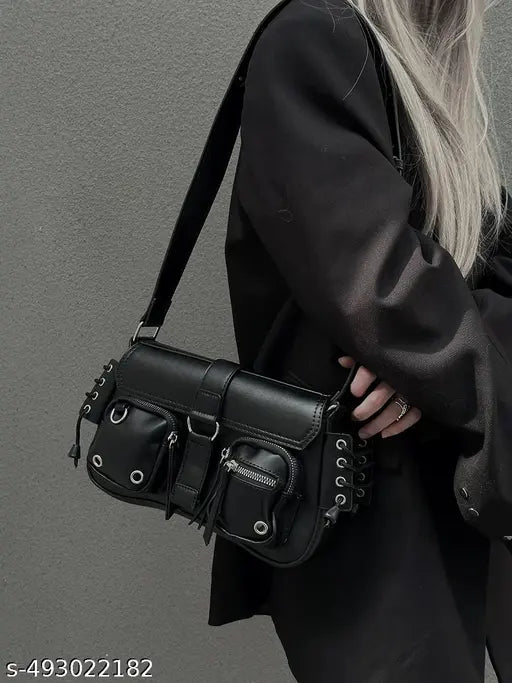 Black Front Double Pocket Decor Crossbody Or Shoulder Bag For Women