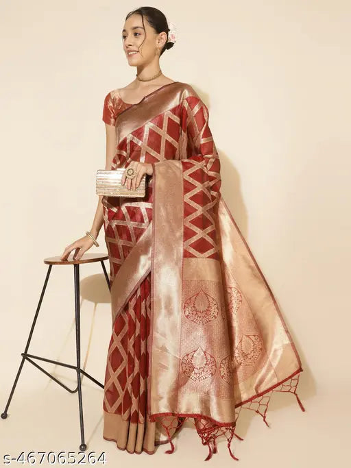 Janasya Women's Maroon Organza  Saree with Unstitched Blouse Piece