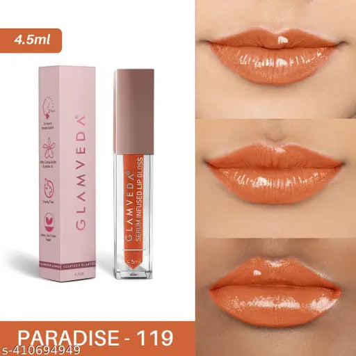 Glamveda High Shine Serum Infused Lip Gloss | Paradise - 119 ( Coral Shade ) For Soft & Dewy Lips, Glossy Finish, Non-sticky & Moisturizing | 4.5ml