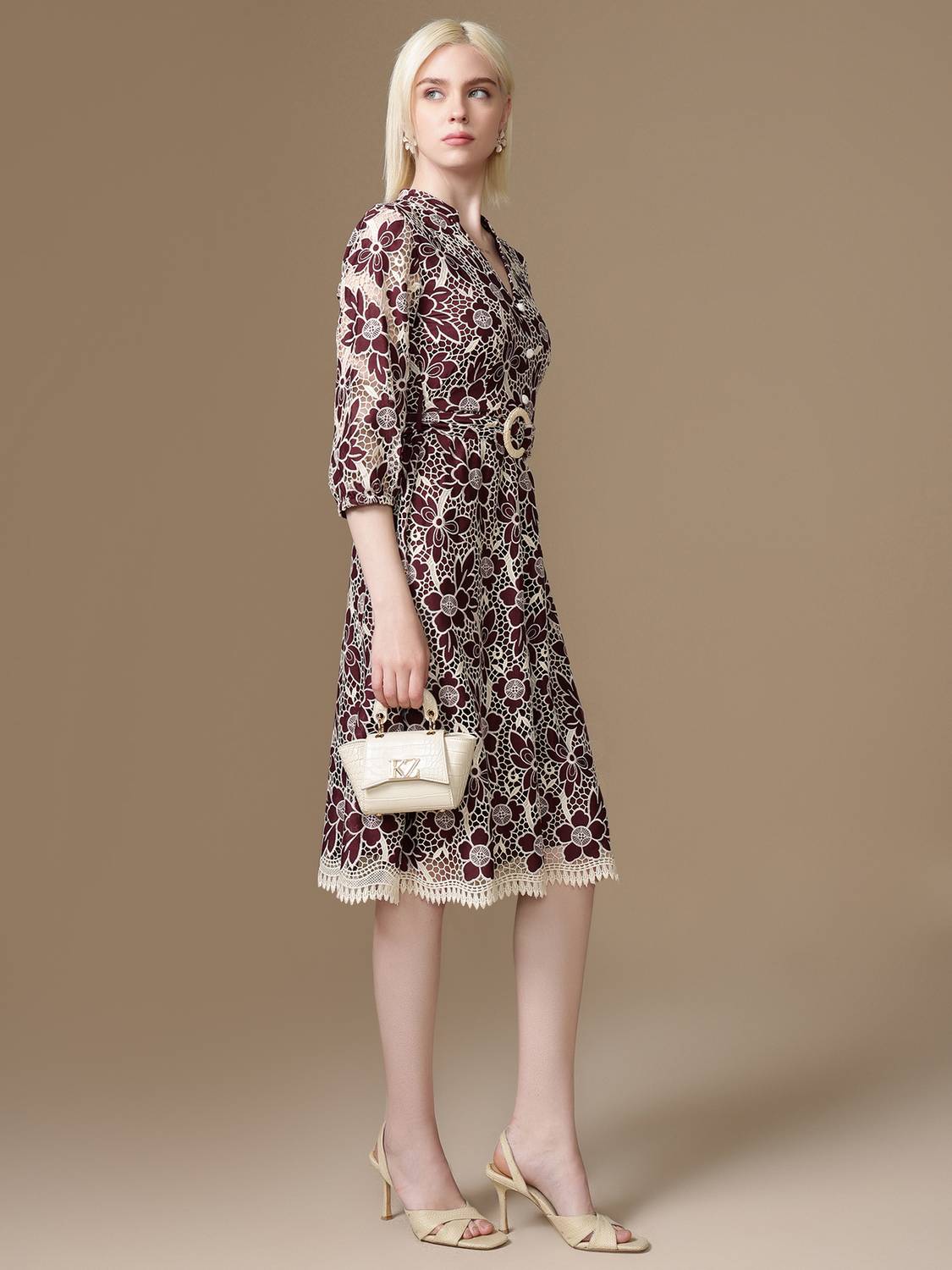 KAZO Women A-line Maroon Midi/Calf Length Dress