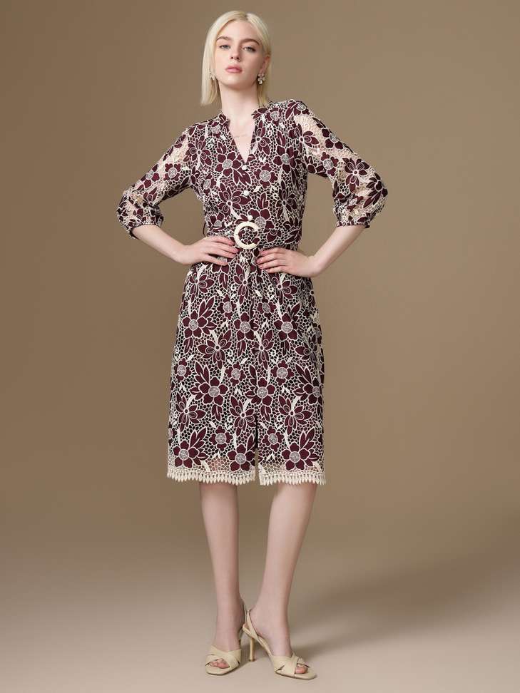 KAZO Women A-line Maroon Midi/Calf Length Dress