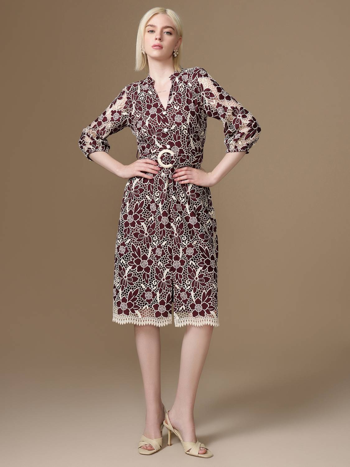 KAZO Women A-line Maroon Midi/Calf Length Dress