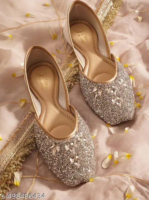 JM Looks Women's Handcrafted Glitter Juttis | Embellished Slip-On Flats | Stylish & Comfortable for Festive & Party Wear(White)
