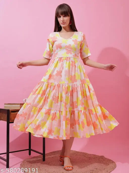 Sheetal Associates Yellow Floral Printed V-Neck Flared Midi Dress