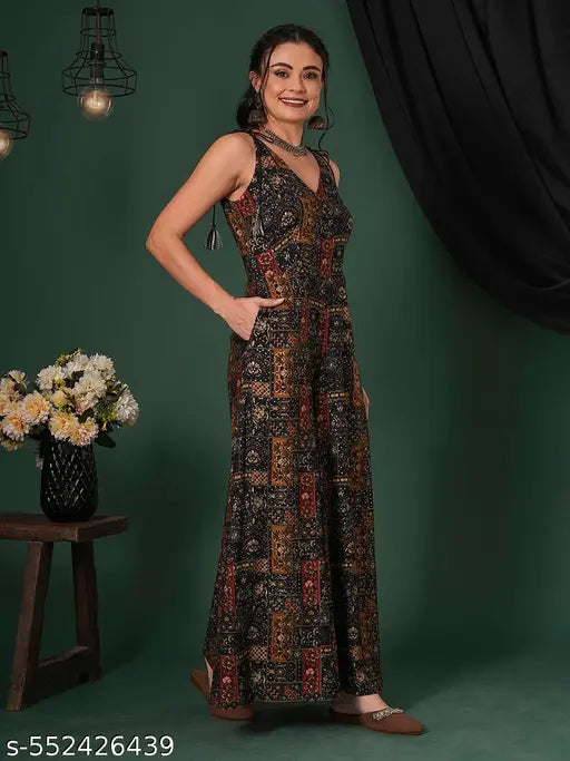 Globus Women Blue V-Neck Tassel Tie-Up Shoulder Straps Ethnic Floral Print Flared Fusion Jumpsuit