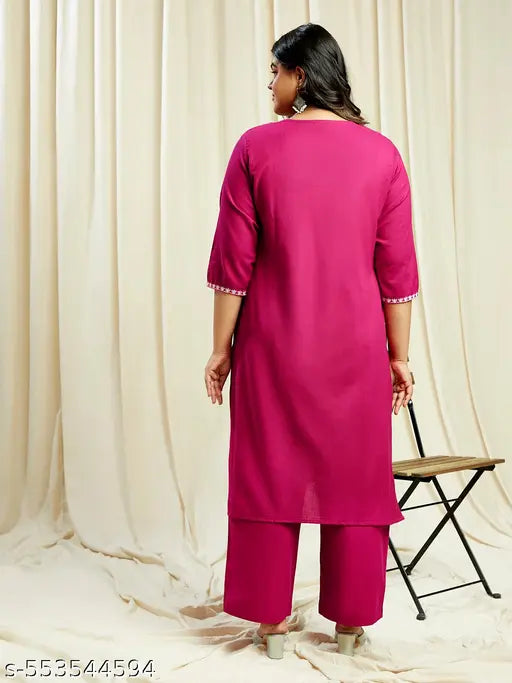 Globus Gloplus Women Pink Sequinned & Embroidered Yoke Straight Plus Size Kurta With Wide Leg Pants Festive Set