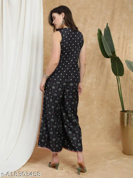 Globus Women Black Round Neck Mandarin Collar Ethnic Print Flared Tunic & Palazzos Fusion Co-Ord Set