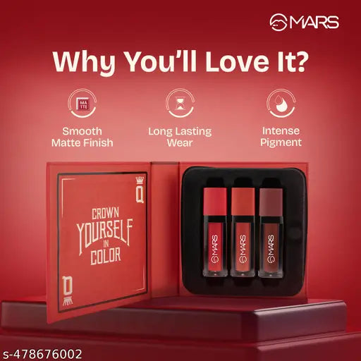 MARS Queen of Mattes Liquid Lipsticks Box Set of 3 (13.5 ml) (ALL ROUNDER) | Smudgeproof & Transferproof | Intense Pigmentation Long-Lasting Wear | Customizable Colors | Matte Finish