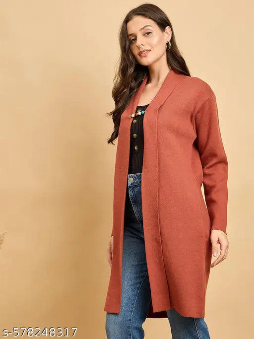 Women Knitted Long Shrug  Winter Wear With Embeoidery And Broatch Pin -Rust