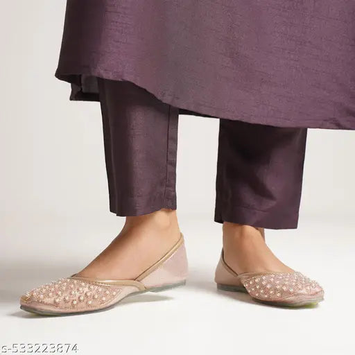 Women Bellies Ethnic Flats Pearl & Stone Embellished Comfortable Lightweight Slip-Ons for Festive Elegance