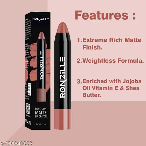 Ronzille  Lip Crayon |12-Hour Stay | Highly Matte Finish | Pigmented | Lipstick for Women | Smudge-Proof Lipstick | Retractable Lip Crayon | Transferproof Lipstick