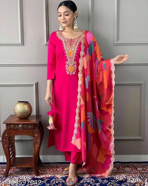 Women's Silk Blend Zari Embroidered Kurta Pant & Dupatta Set