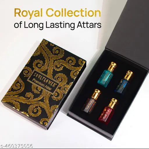 Soulflower Premium Attar Gift Set Alcohol Free luxury Perfume Roll-On for Men & Women, Combination of Fragrance Oudh, Musky, Woody, Floral, Amber, Fresh & Spicy, Set of 4 (5ml Each)
