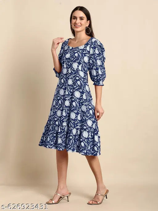Janasya Women's Indigo Pure Cotton Floral Printed A-line Dress