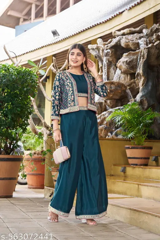 Miss Ethnik Women's Rama Chinon Stitched Top With Bottom 3/4 Sleeve Embroidered Straight Kurta (Kurta Palazzo Set) (ME-1234-Rama)