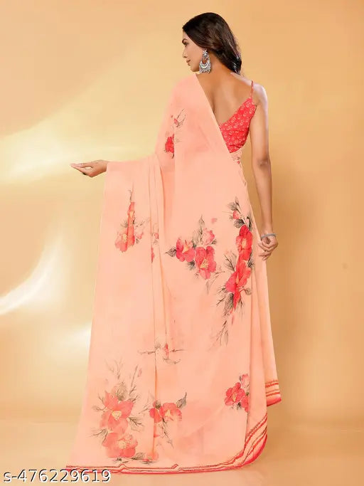 Janasya Women's Peach Georgette Floral Printed Daily Wear Saree with Blouse Piece
