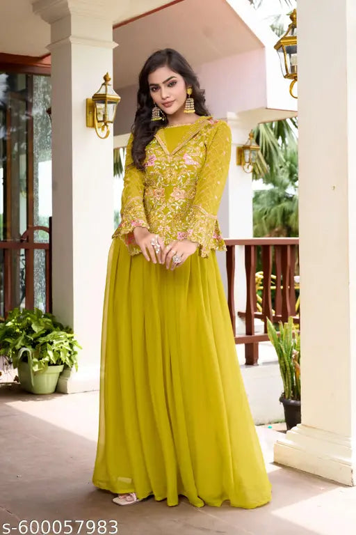 Miss Ethnik Women's Yellow Georgette Stitched Top With Stitched Bottom Full Sleeve Embroidered Straight Kurta (Lehenga Set) (ME-1291-Yellow)