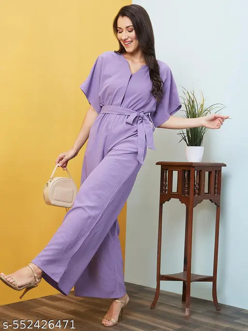 Globus Women Lavender Solid V-Neck Drop Shoulder Waist Tie-Up Jumpsuit