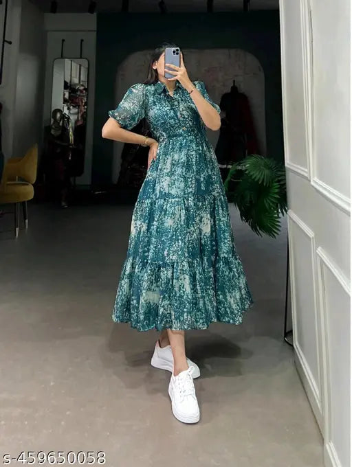 Classic Ravishing Fabulous Digitally Printed Shirt Collor  Western Dress