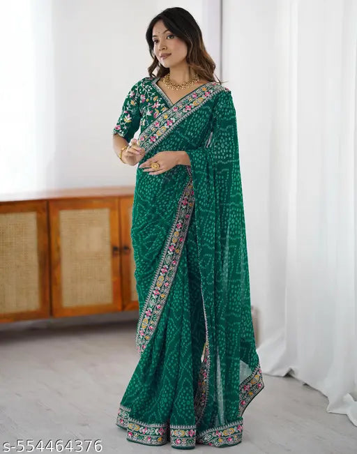 SATRANI Georgette Green Saree with Silk Blouse