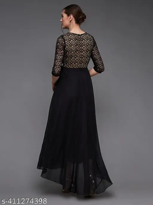 Miss Chase Women's Black Self-Designed Relaxed Fit V-Neck 3/4th Sleeve Georgette And Lace Maxi Dress