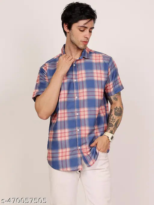 LEOTUDE Men's Checked Regular Spread Collar Blue Shirts