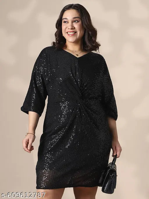 Globus Gloplus Women Black V-Neck Extended Sleeves Twisted Detail Sequinned Mini Sheath Plus size Party Dress