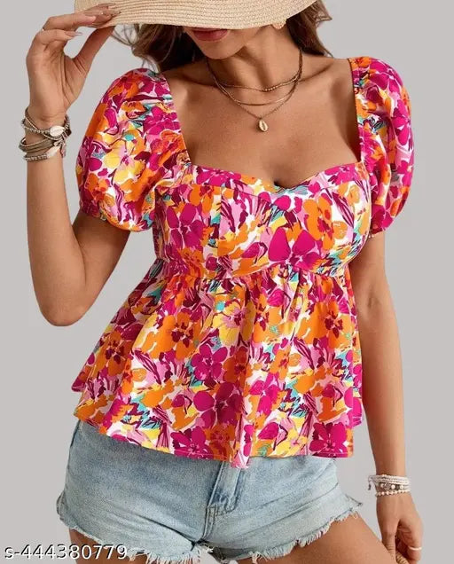 Women’s Stylish Puff Sleeve Print Top for Women Perfect for Beach or Casual Wear for Women & Girls