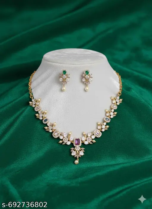 Elegant Gold Plated American  Necklace Set with Matching Earrings for Women