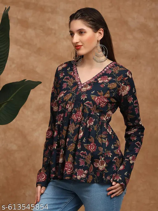 Globus Women Blue Embroidered & Mirror Work Detail V-Neck Long Sleeves Floral Print A-line Alia Cut Tunic