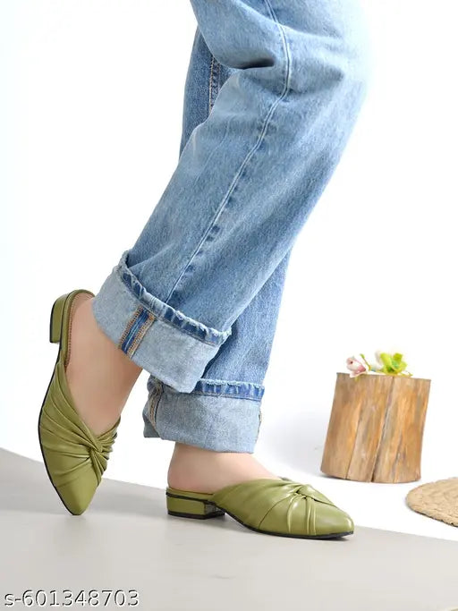 NZS Elegant Olive Green Knot-Front Slip-On Flats For Women & Girls