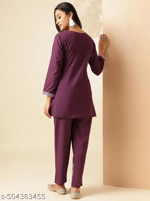 Vbuyz Women'S Dark Purple Solid A-Line Cotton Stitched Co-Ord Set