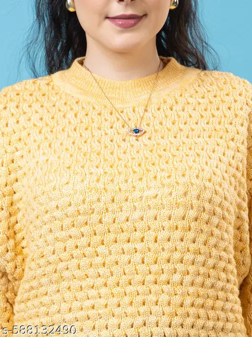 Wear Lusso Women’s Knitted Textured Turtle Neck Full Sleeve Winter Pullover Yellow Sweater