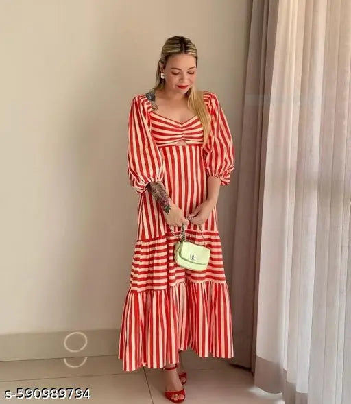 Honky Tonky Red & White Striped Puff Sleeve Maxi Dress